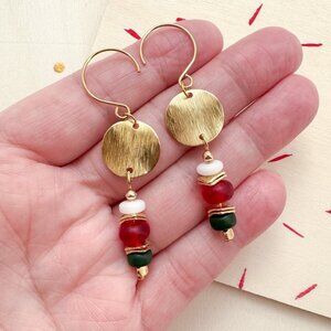 Boho Gold Disc Beaded Drop Earrings Red Green Ivory | Artisan Statement Earrings